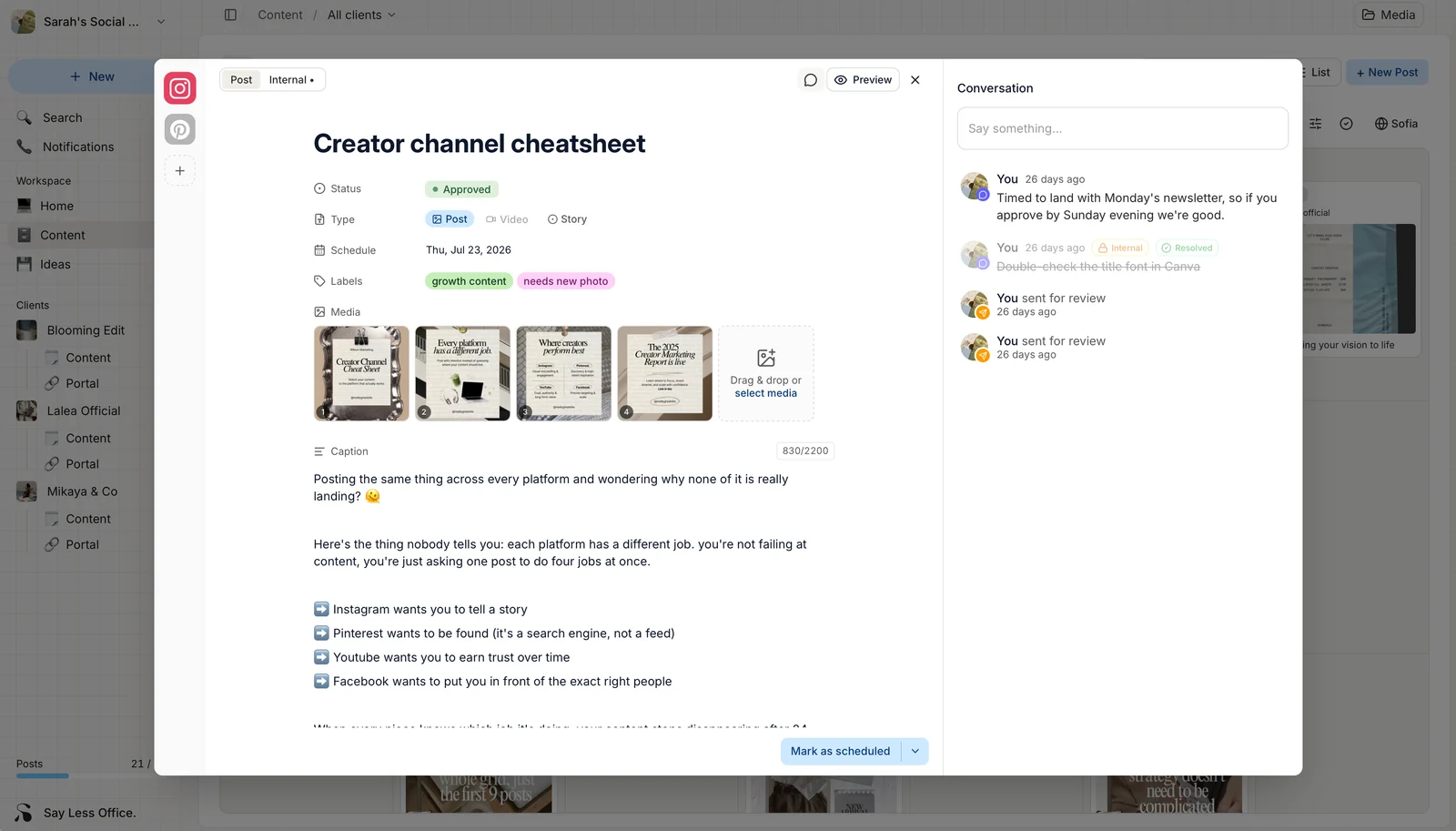 A post marked approved, with the comment thread beside it showing a client message, an internal note marked resolved, and the review history