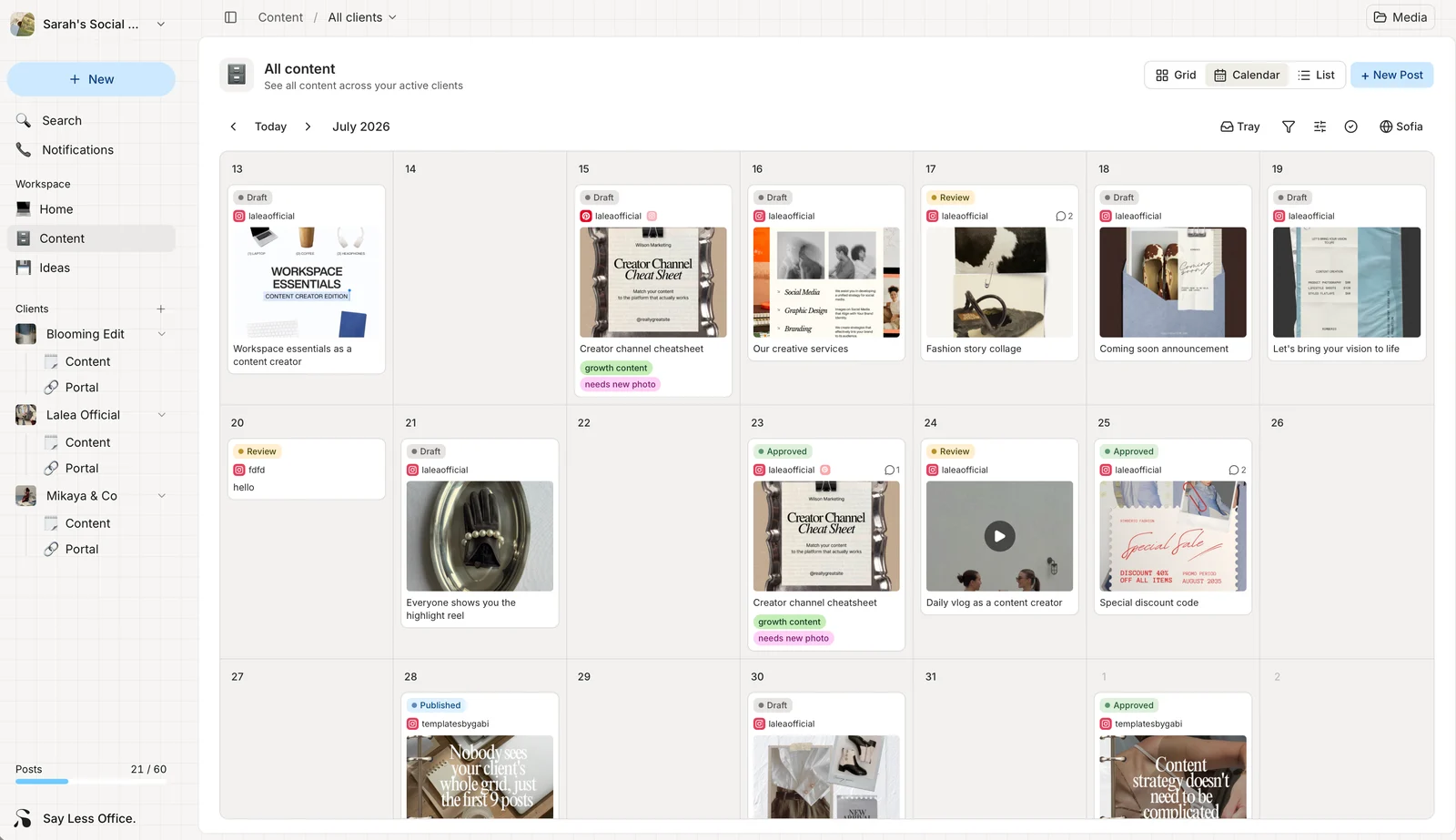 A content calendar showing posts for several clients across a month, each card labelled draft, review, approved or published