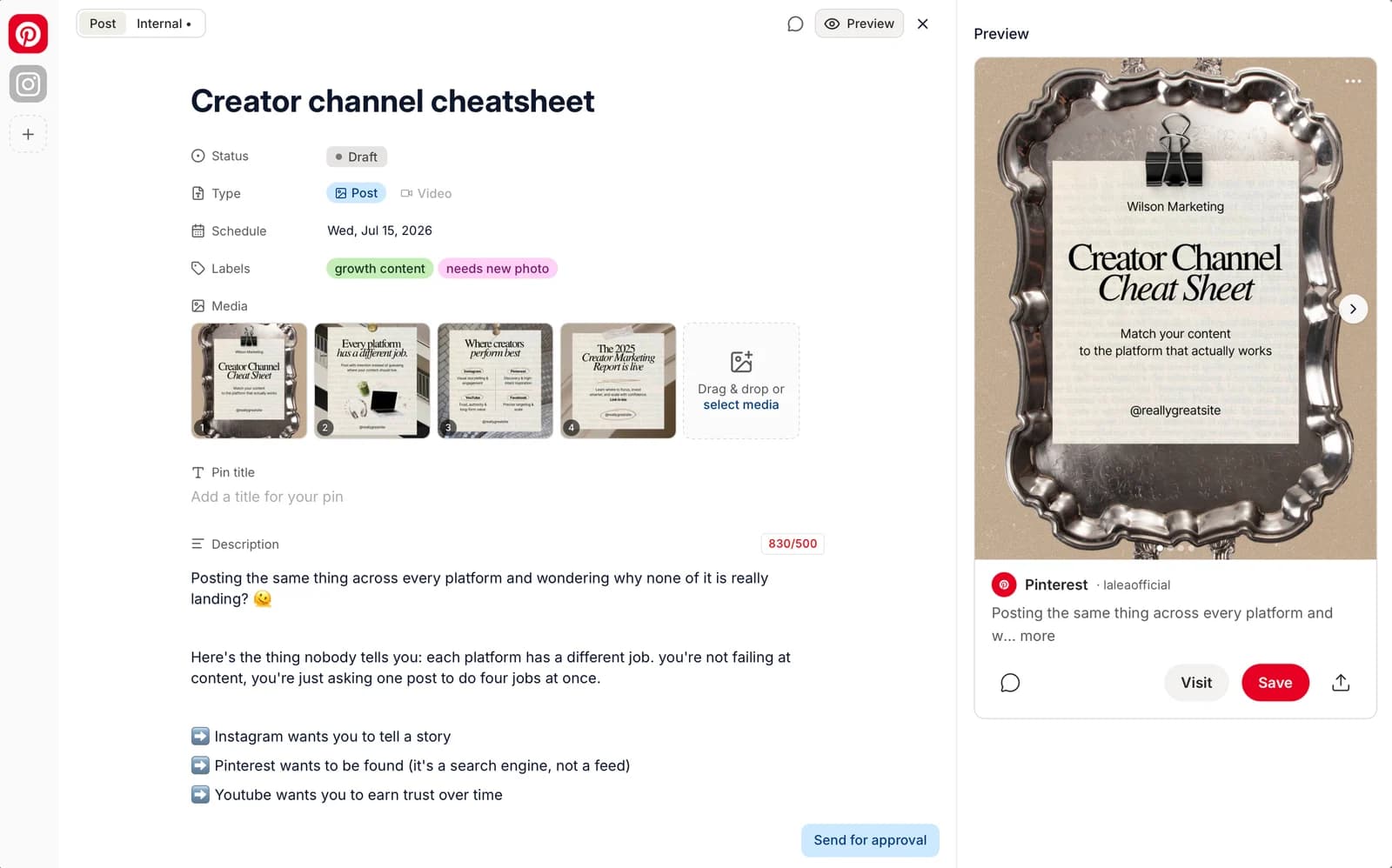 A post being drafted with the live platform preview and character counter shown beside the caption