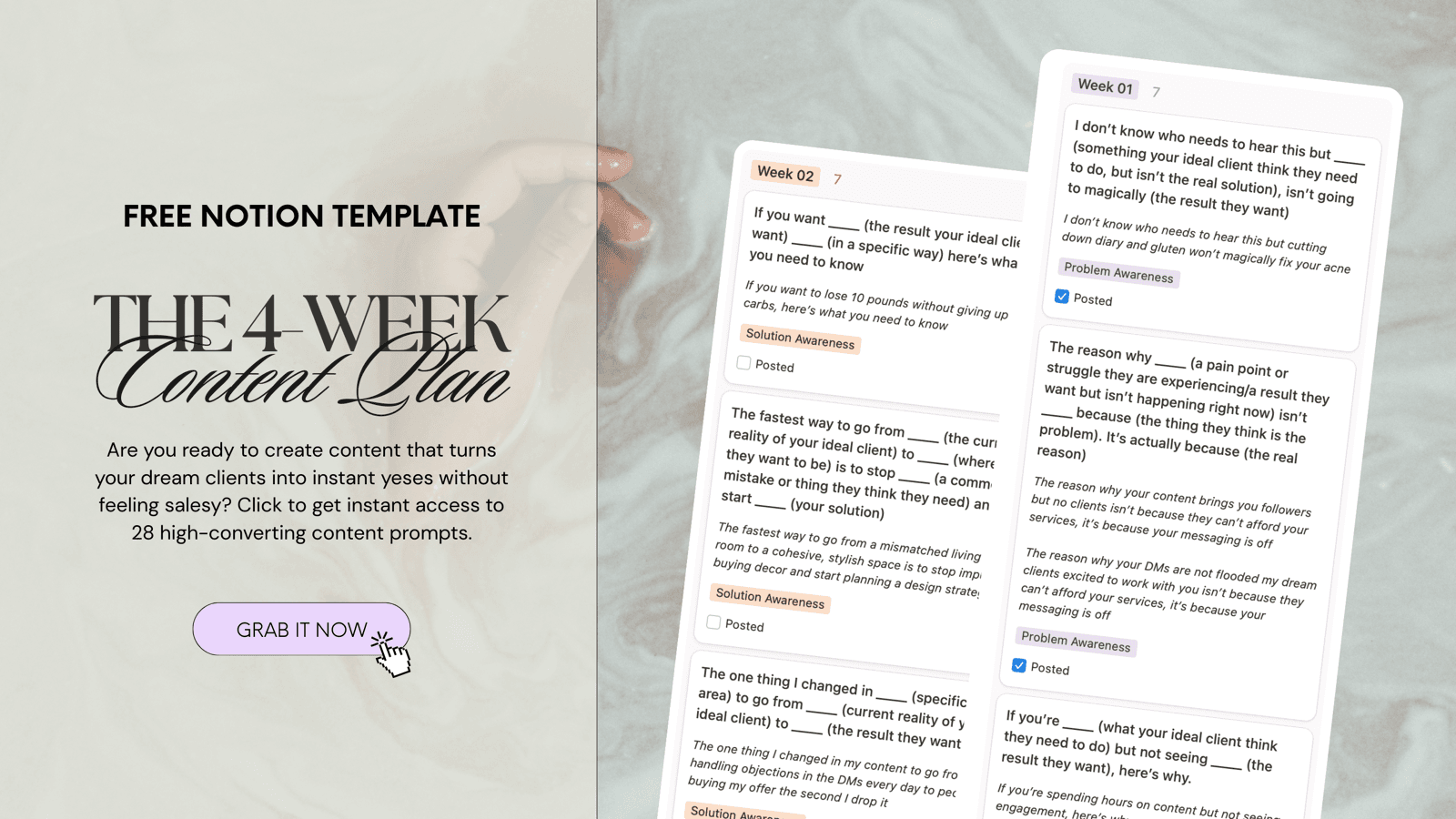 Free Notion template: the 4-week content plan, with 28 plug-and-play prompts