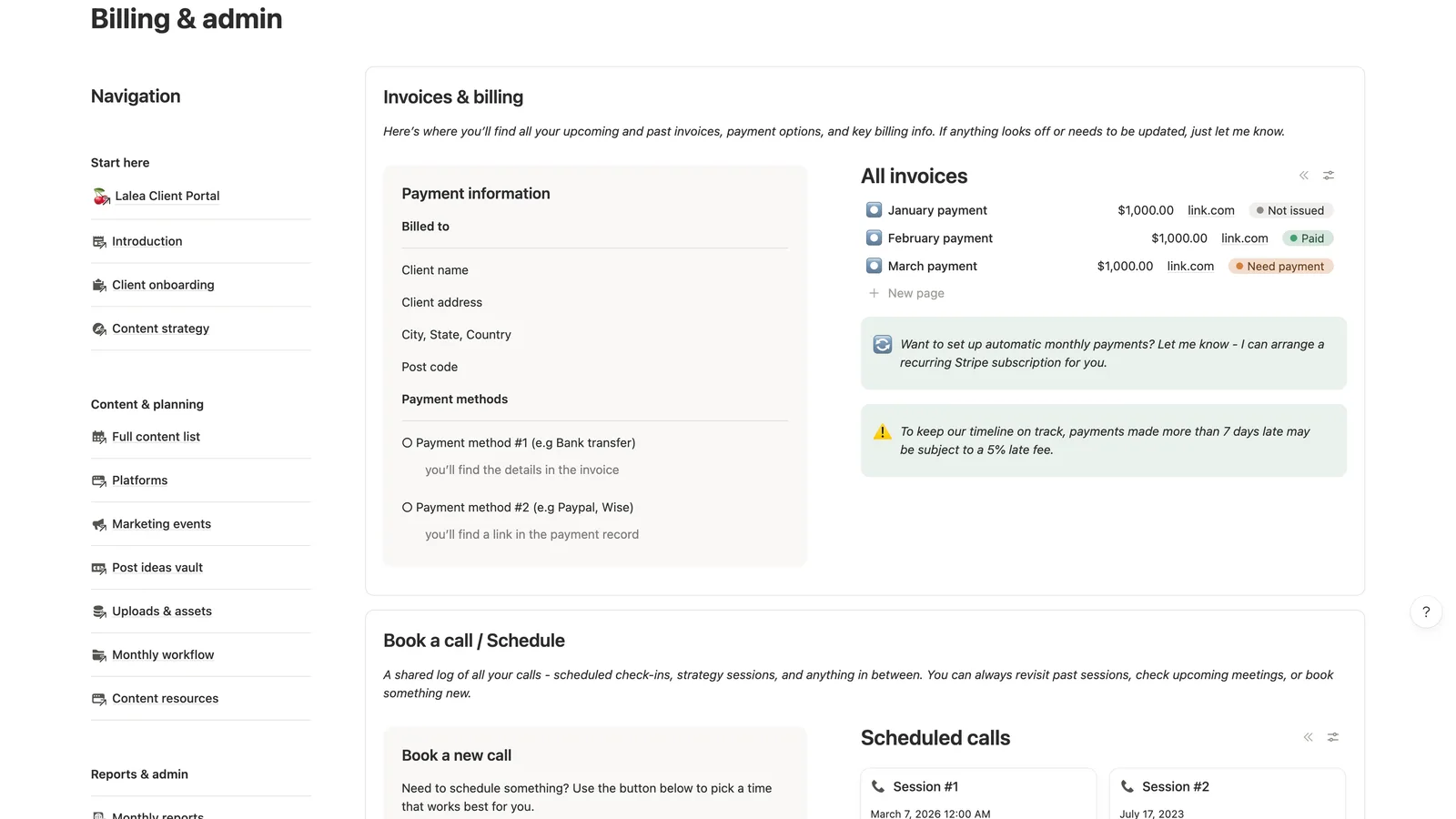 The billing and admin page, showing payment information beside an invoice table with paid and need-payment status tags, above the call booking section