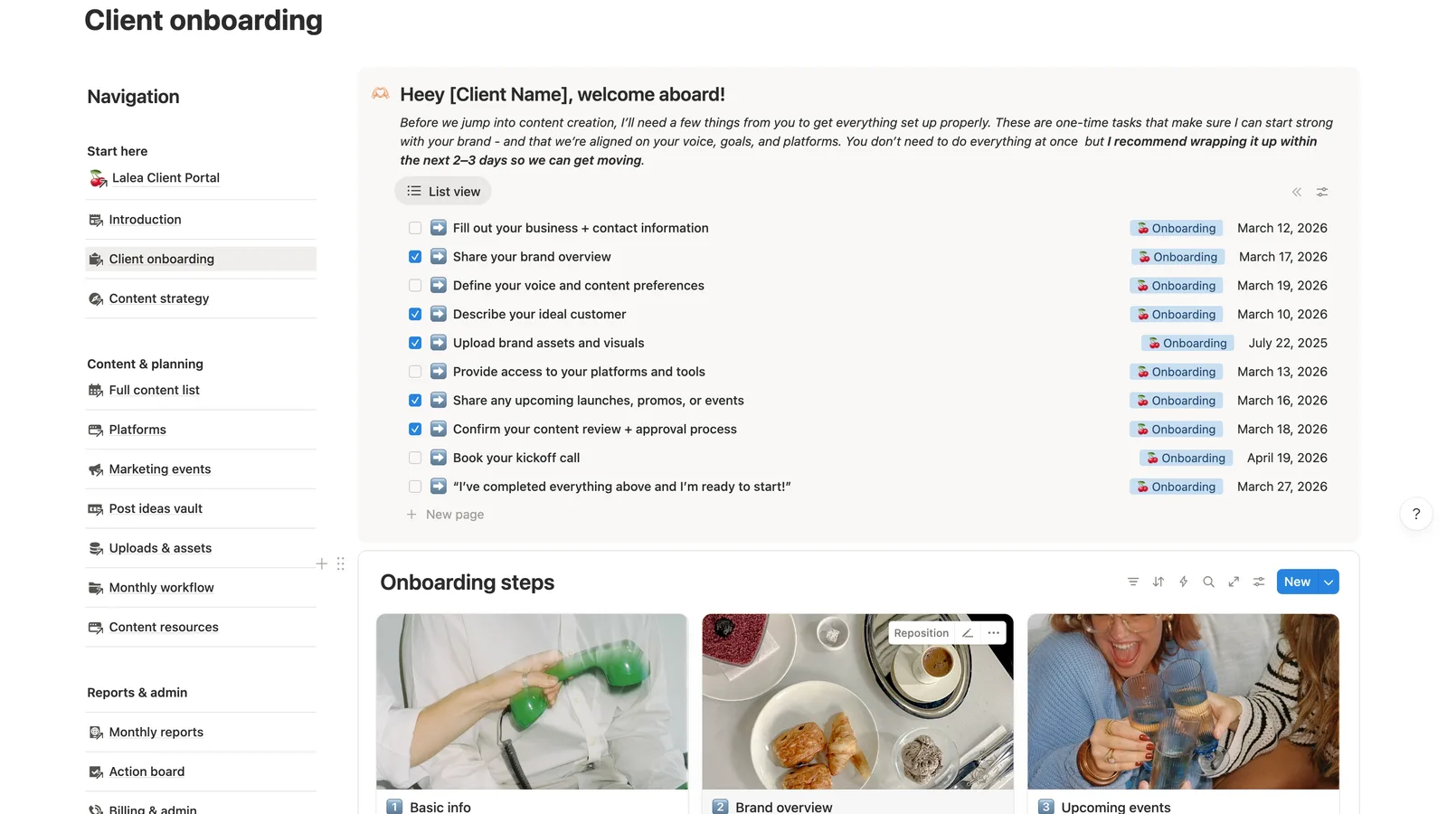 The client onboarding page, showing a nine-item welcome checklist with due dates above a grid of fillable step cards