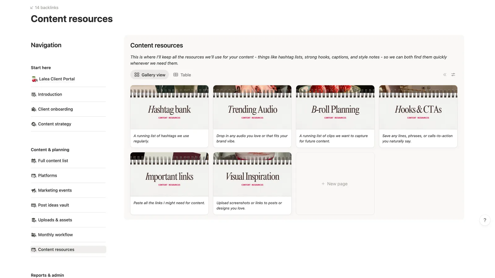 The content resources page, showing gallery cards for a hashtag bank, trending audio, b-roll planning, hooks and CTAs, important links, and visual inspiration