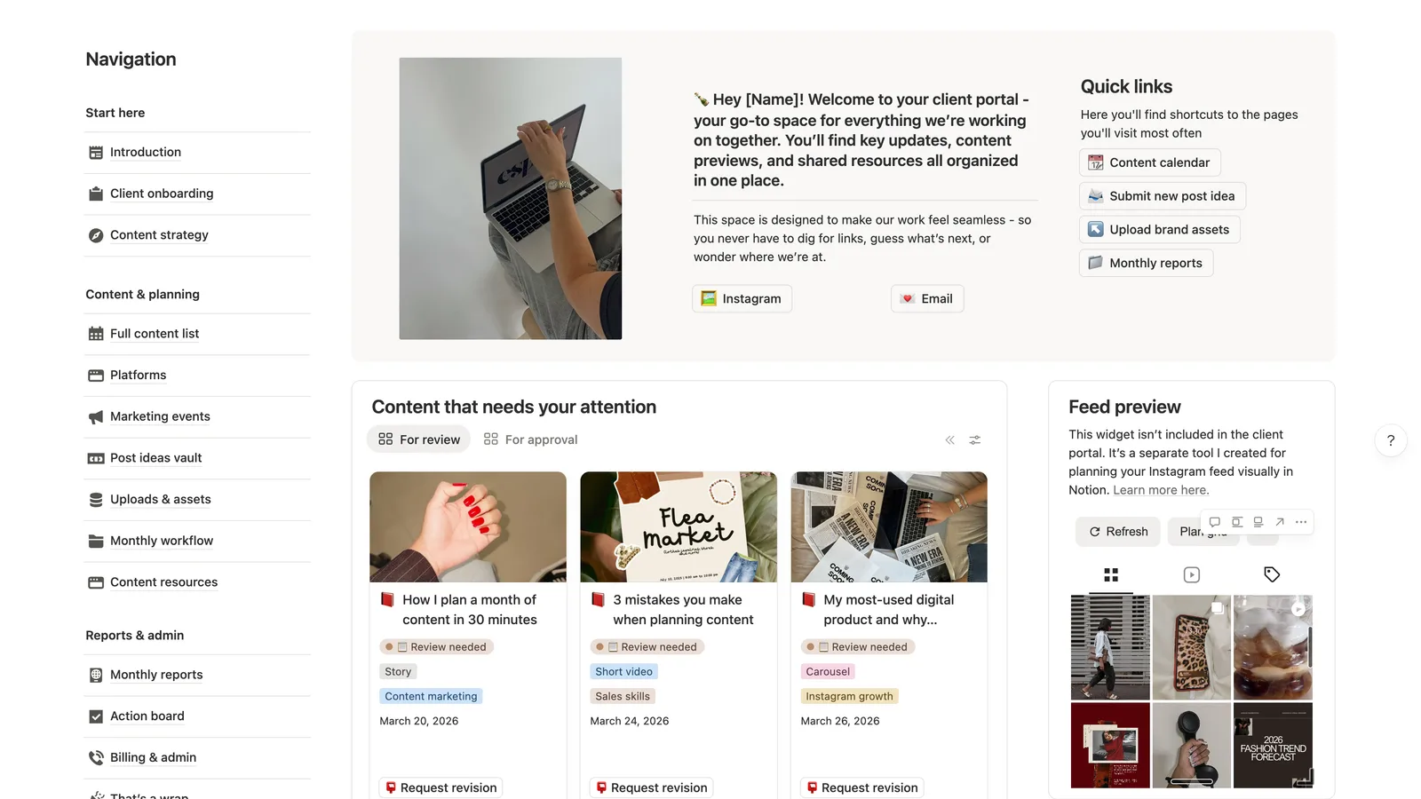 The client portal home page in Notion, showing a welcome block, quick links, and a queue of posts waiting on the client with request revision and mark as approved buttons