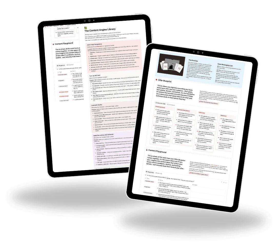 Two tablets showing the Content Playground Notion system