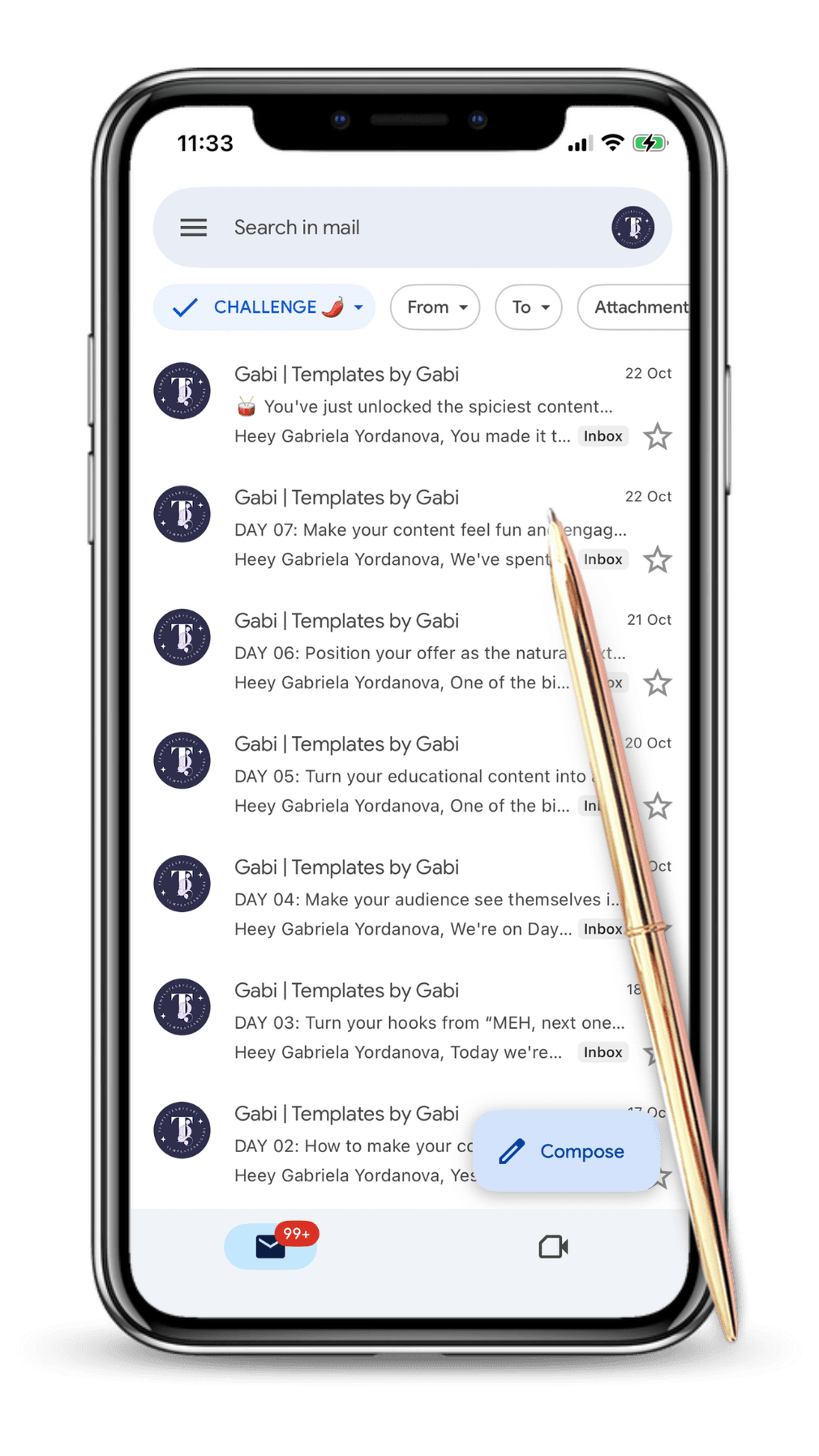A phone showing an inbox full of daily challenge emails