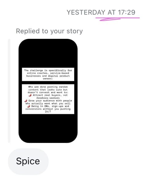 Instagram story replies — followers answering the SPICE prompt and asking for the link