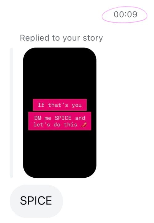 Instagram story replies — followers answering the SPICE prompt and asking for the link