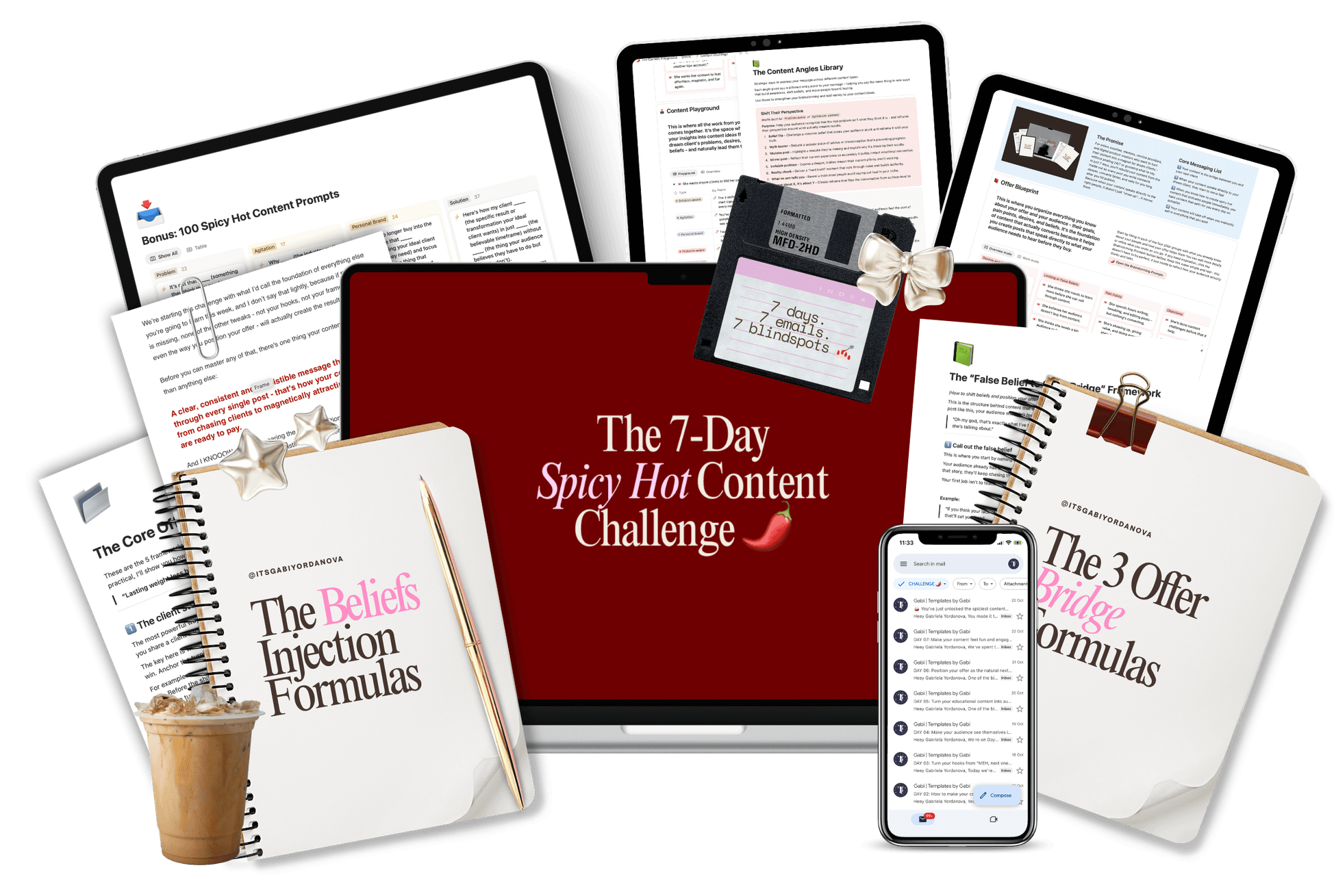 A laptop, two tablets, a phone and three spiral notebooks showing the challenge materials — The Beliefs Injection Formulas, The 3 Offer Bridge Formulas, the Content Angles Library and an inbox of daily challenge emails