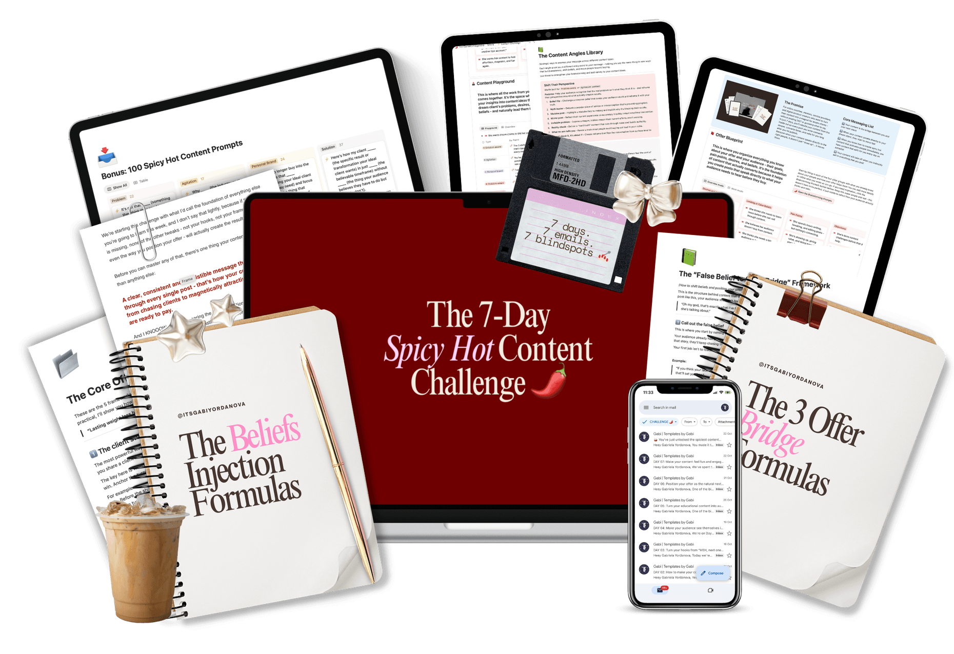 The same challenge materials collage — laptop, tablets, phone and notebooks — shown again on the offer band