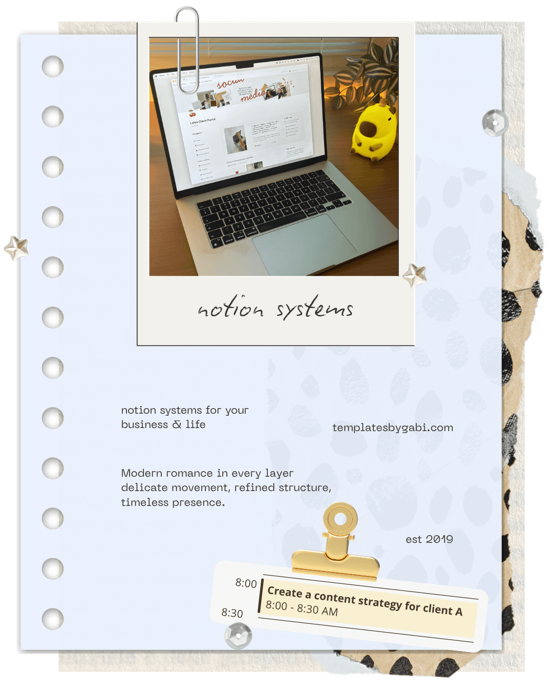 A notebook page with a polaroid of a laptop running a Notion client portal, captioned notion systems