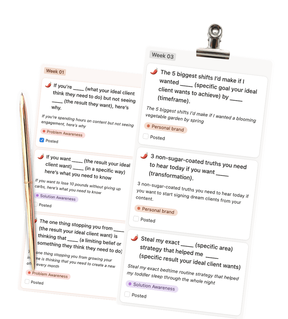 Two clipboards of week-by-week content prompts — "Week 01" and "Week 03" — each prompt tagged Problem Awareness or Solution Awareness with a Posted checkbox