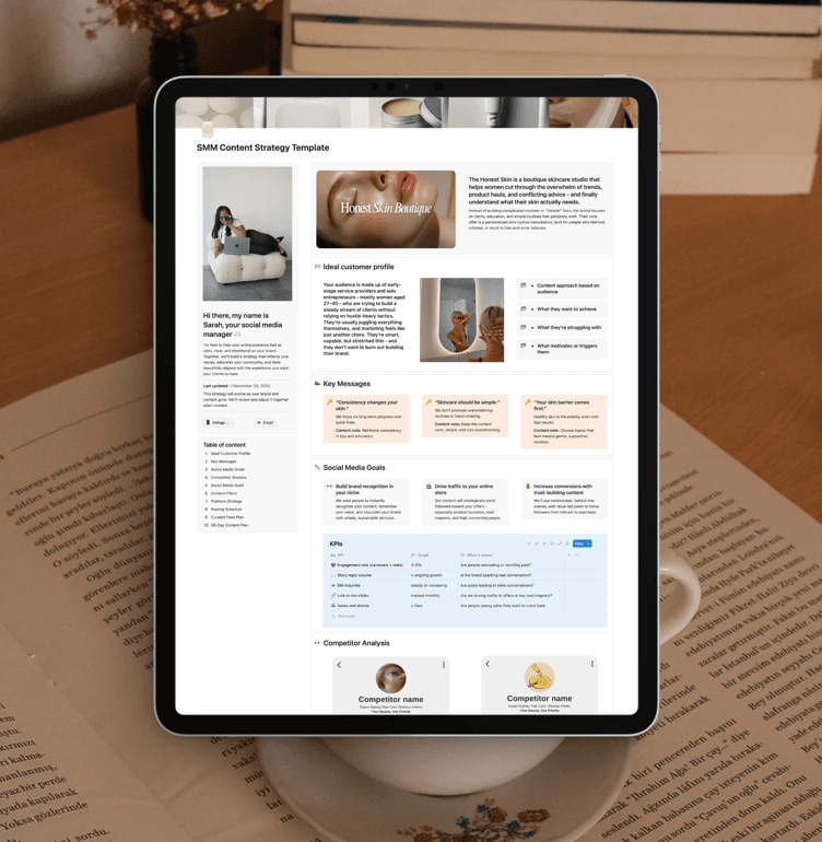 A tablet showing the SMM content strategy template open in Notion