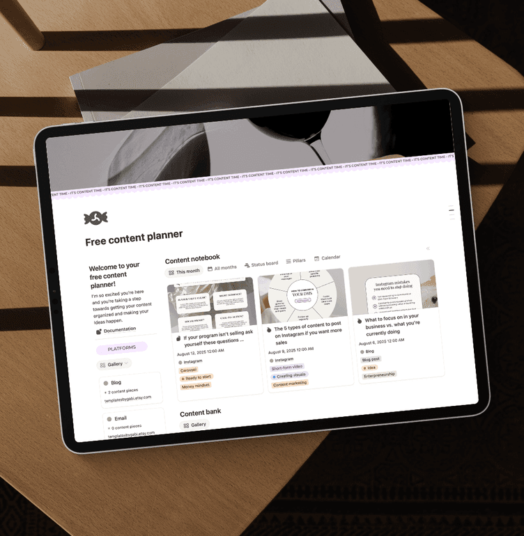 A tablet on a desk showing the free content planner open in Notion