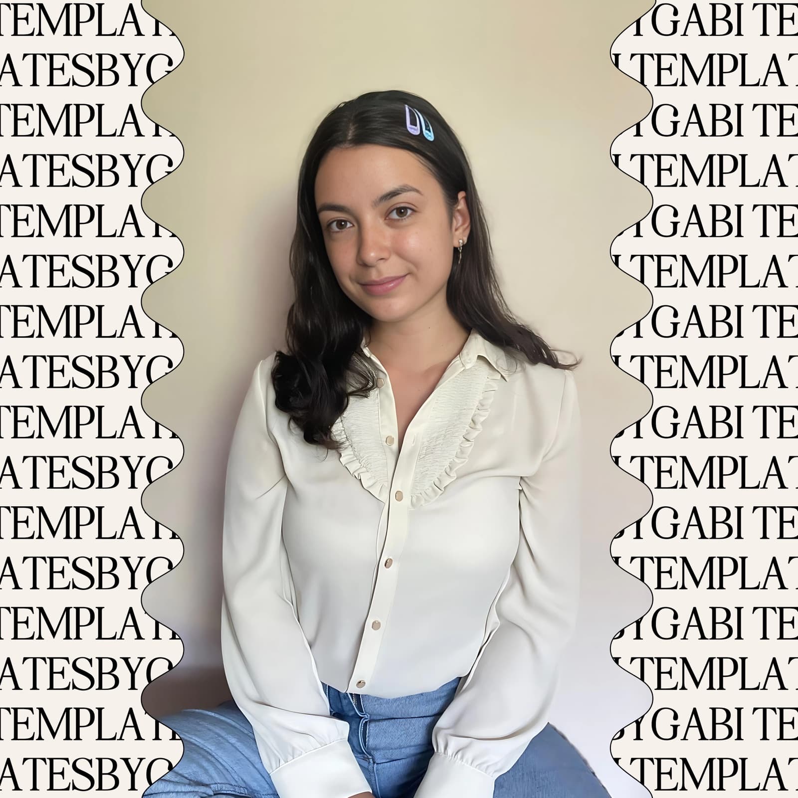 Gabi, seated against a wall patterned with the templatesbygabi wordmark