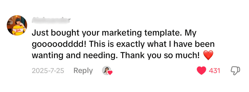 Instagram comment: Just bought your marketing template. This is exactly what I have been wanting and needing. Thank you so much!