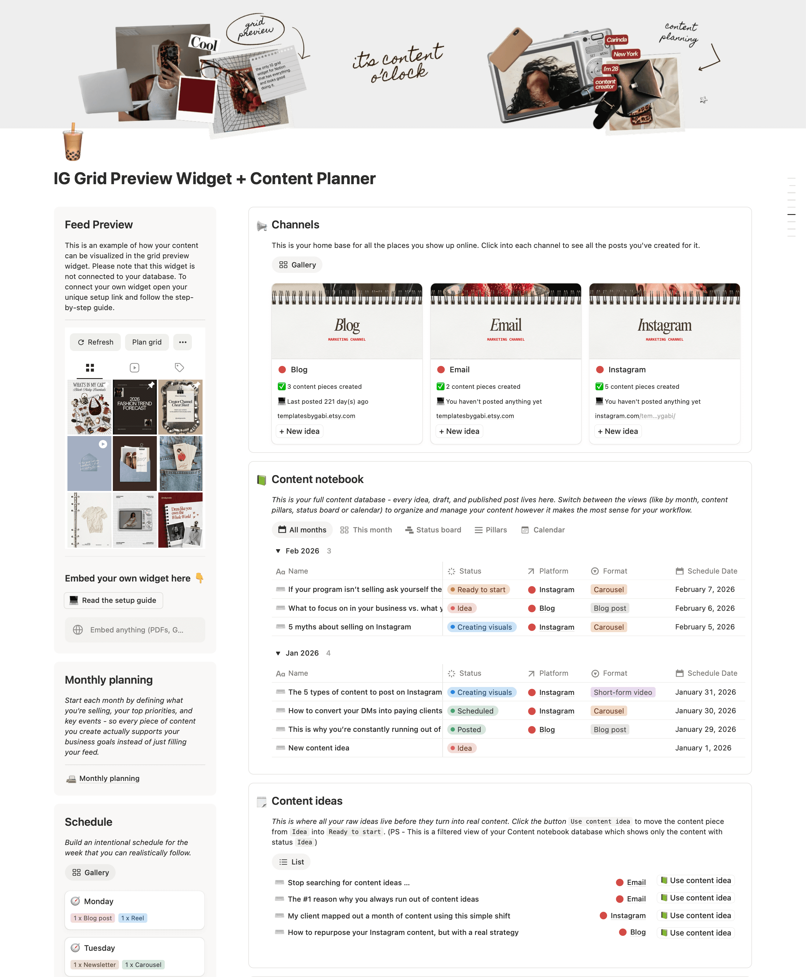 The bonus mini content planner in Notion — feed preview, channels, content notebook and content ideas