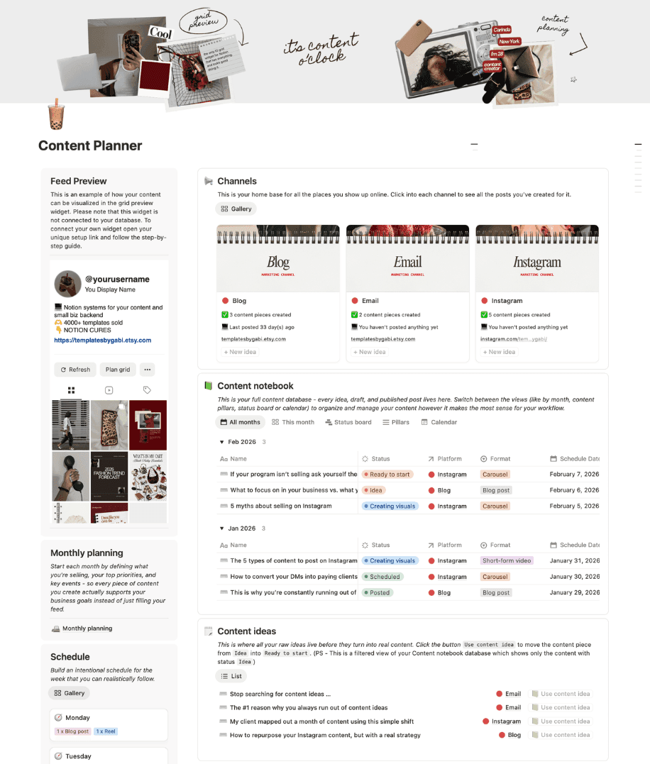 The bonus mini content planner in Notion — feed preview, channels, content notebook and content ideas