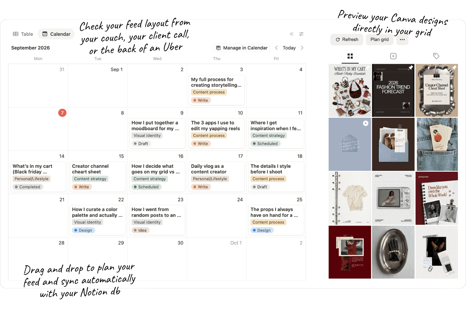 The grid preview widget beside a Notion calendar view of the same scheduled posts