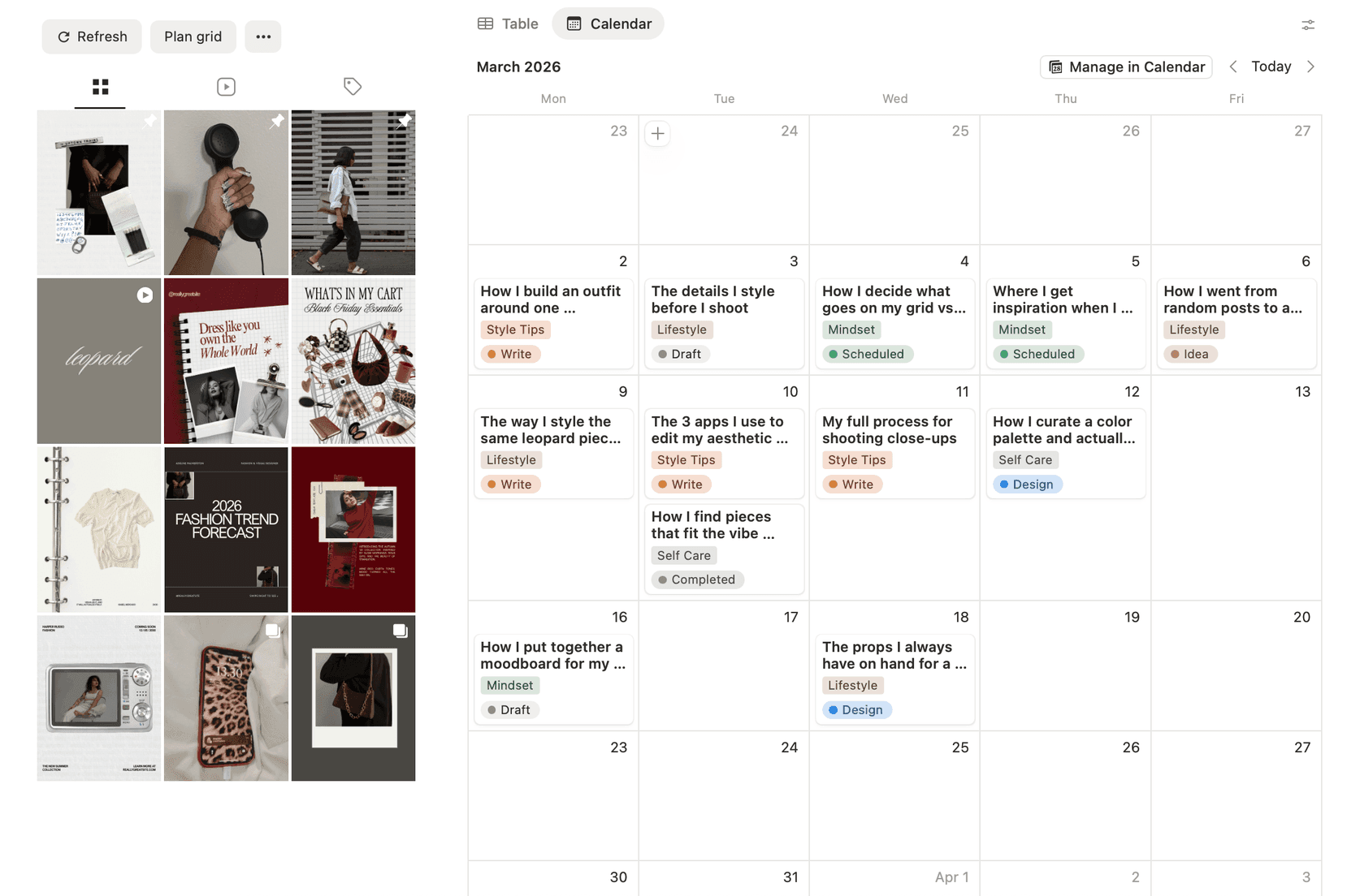 The grid preview widget beside a Notion calendar view of the same scheduled posts