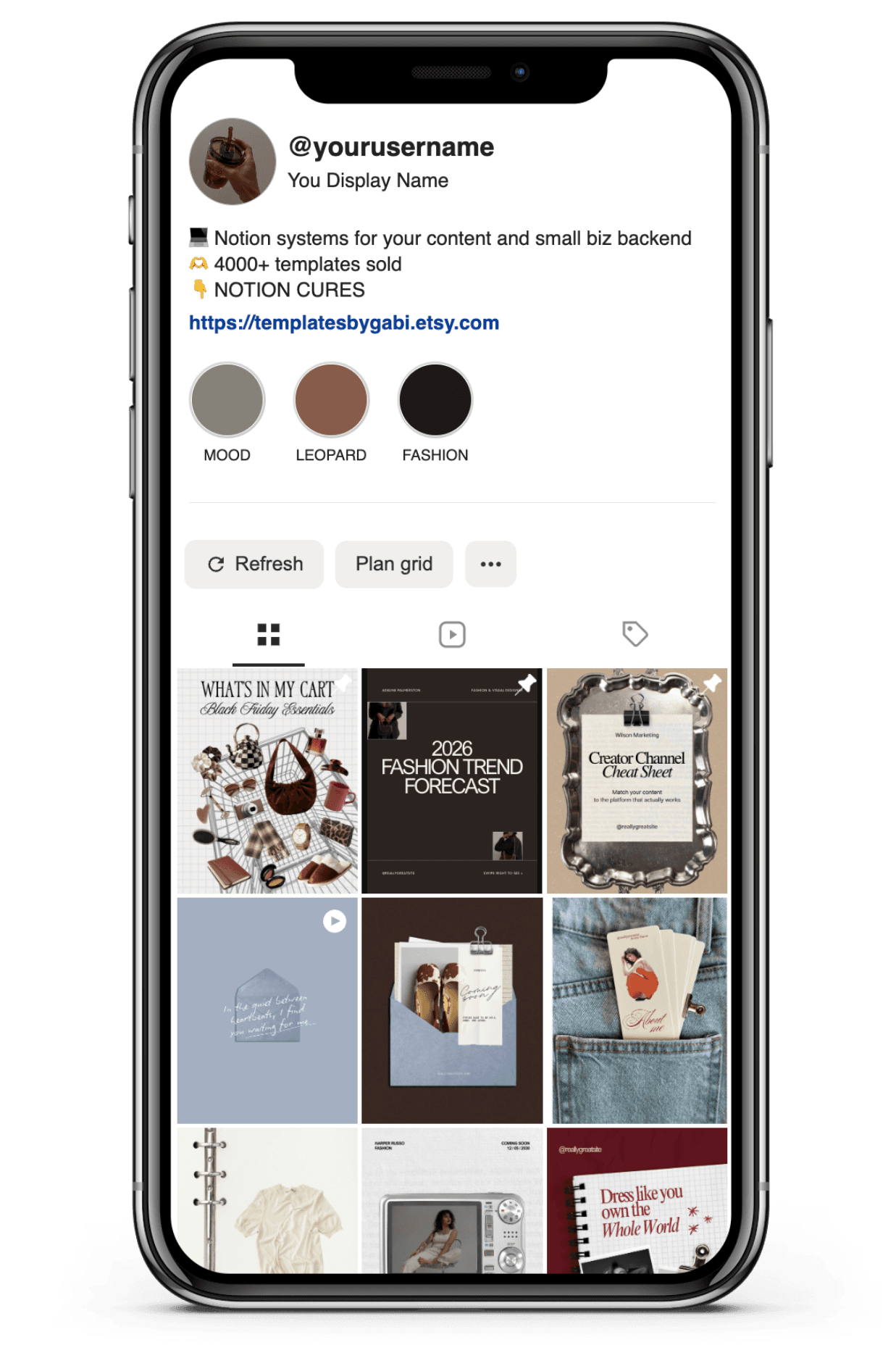 The Instagram Grid Preview Widget on a phone: the profile header, a three-swatch colour palette and a nine-post grid preview