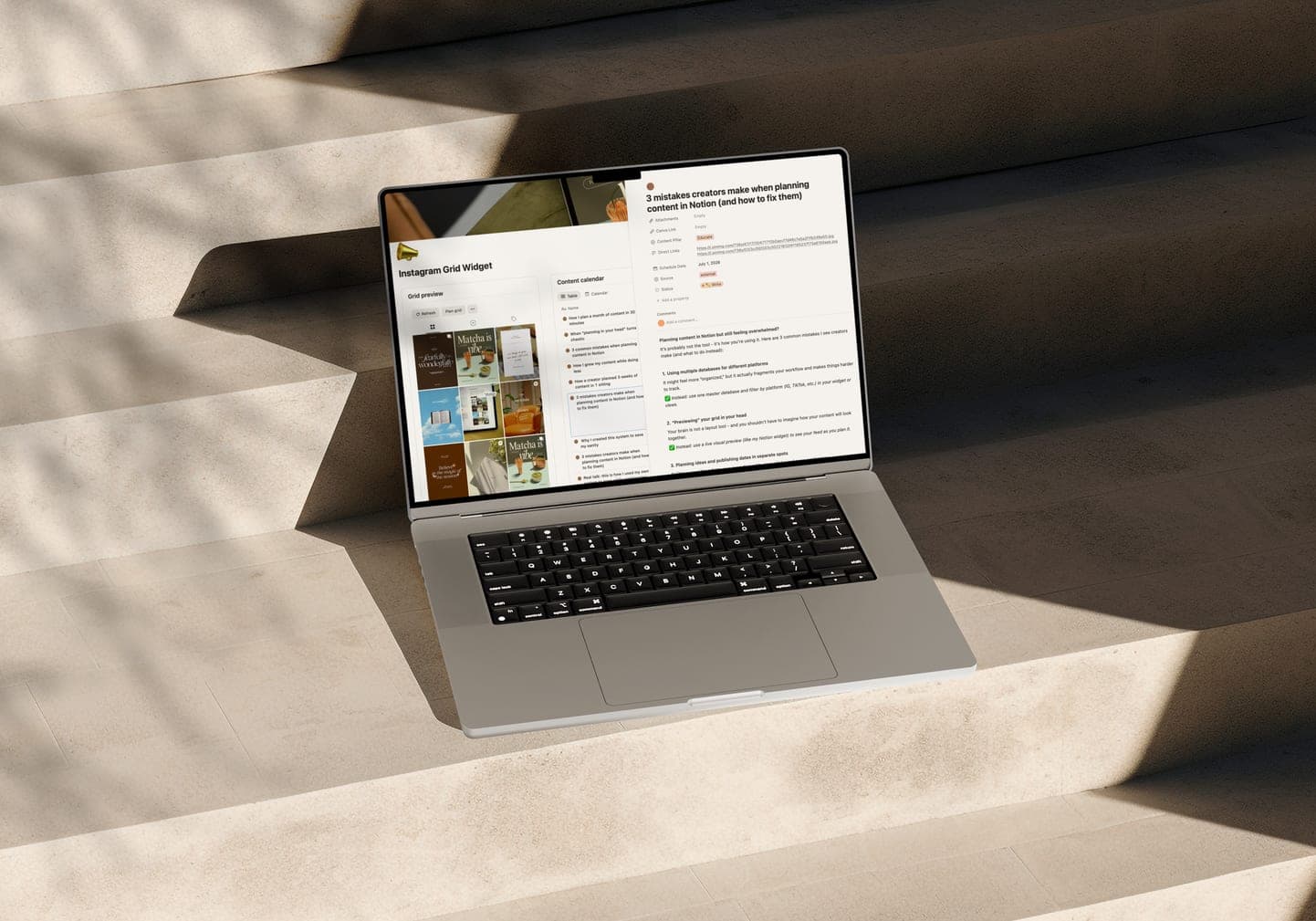 A laptop on sunlit stone steps showing the widget and a Notion page side by side