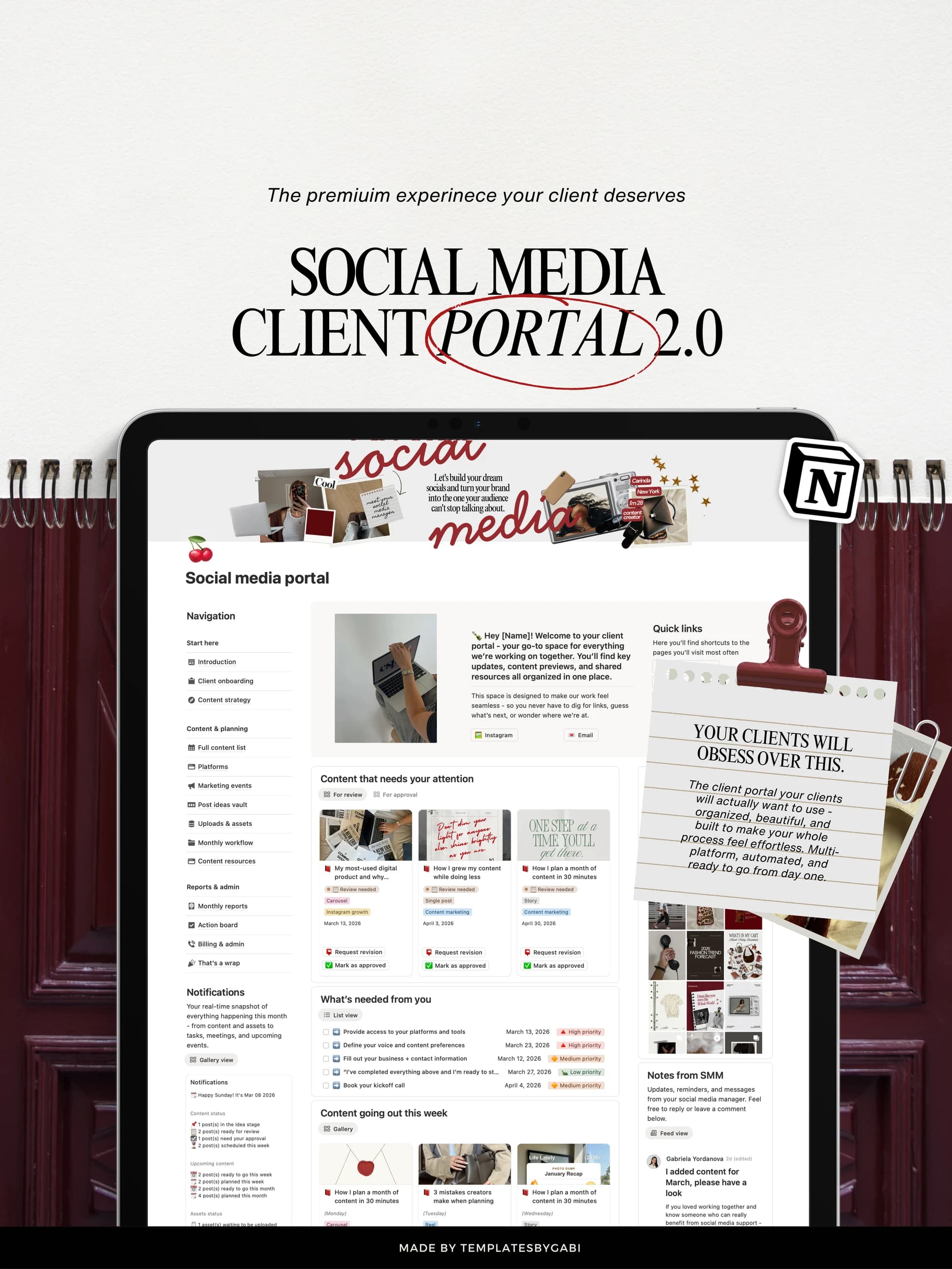 The Social Media Client Portal 2.0 open on a tablet, with a note reading “your clients will obsess over this”