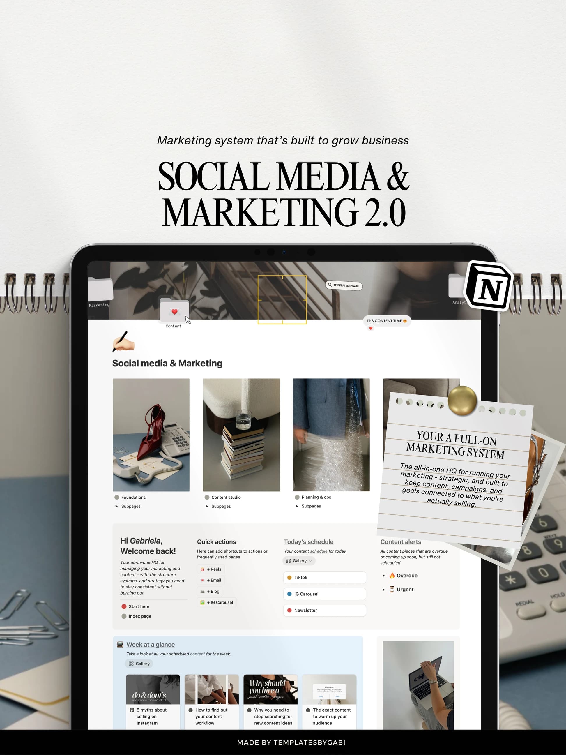Social Media & Marketing 2.0 open on a tablet, its four hub cards above this week’s scheduled content