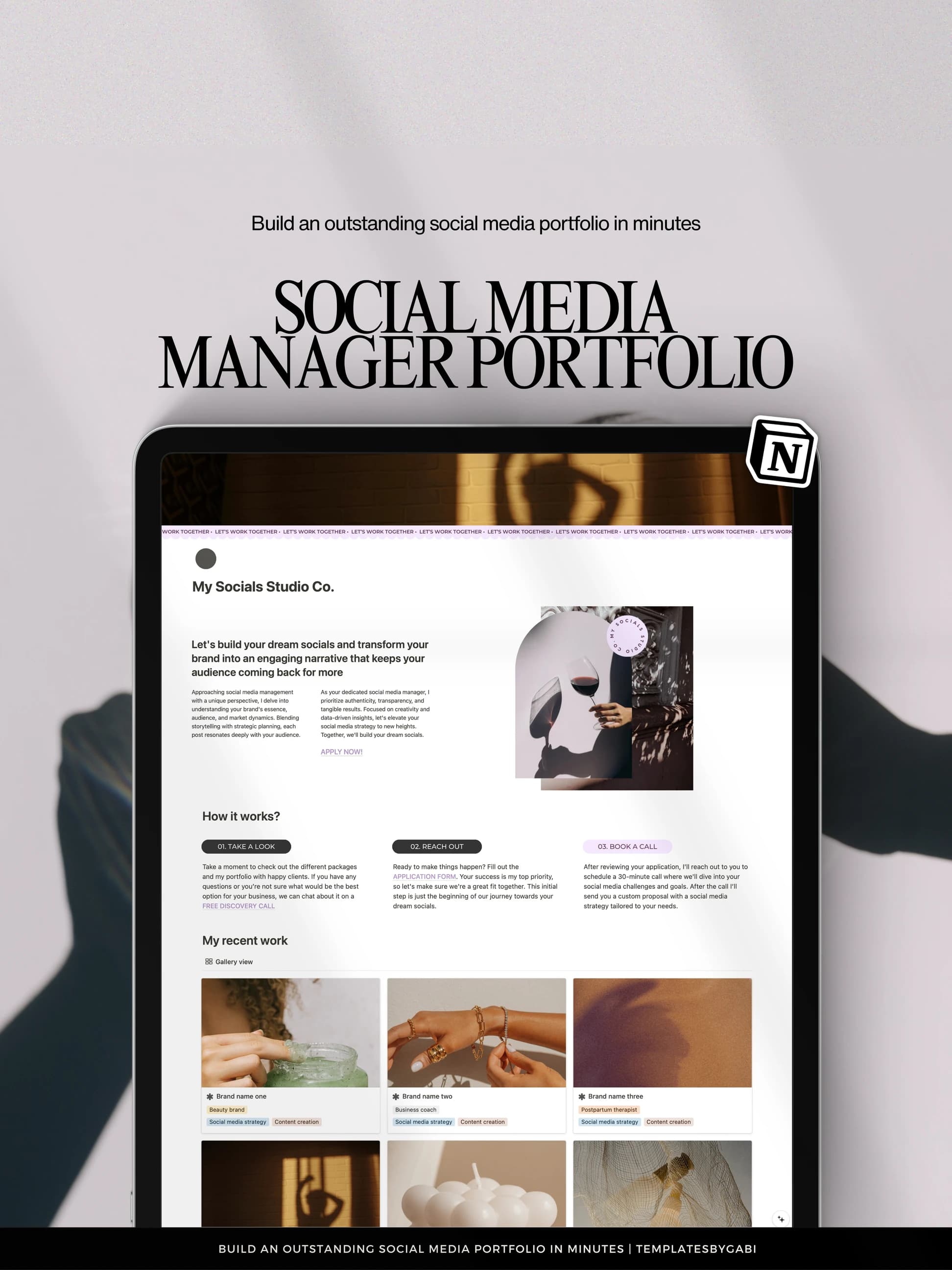 The Social Media Manager Portfolio open on a tablet, a studio welcome page above a gallery of six client brands