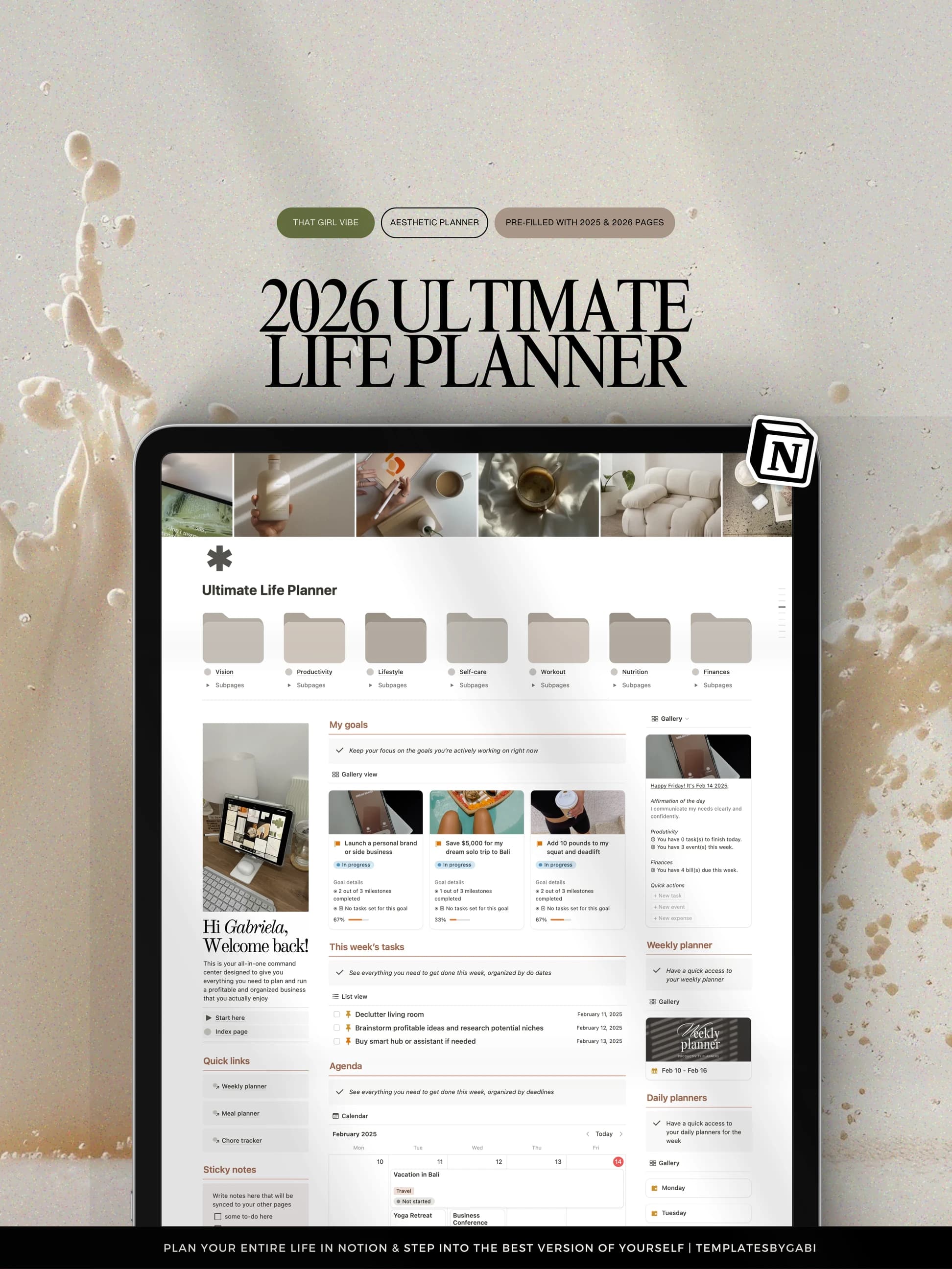 The 2026 Ultimate Life Planner open on a tablet, its seven hubs above this week’s goals, tasks and agenda