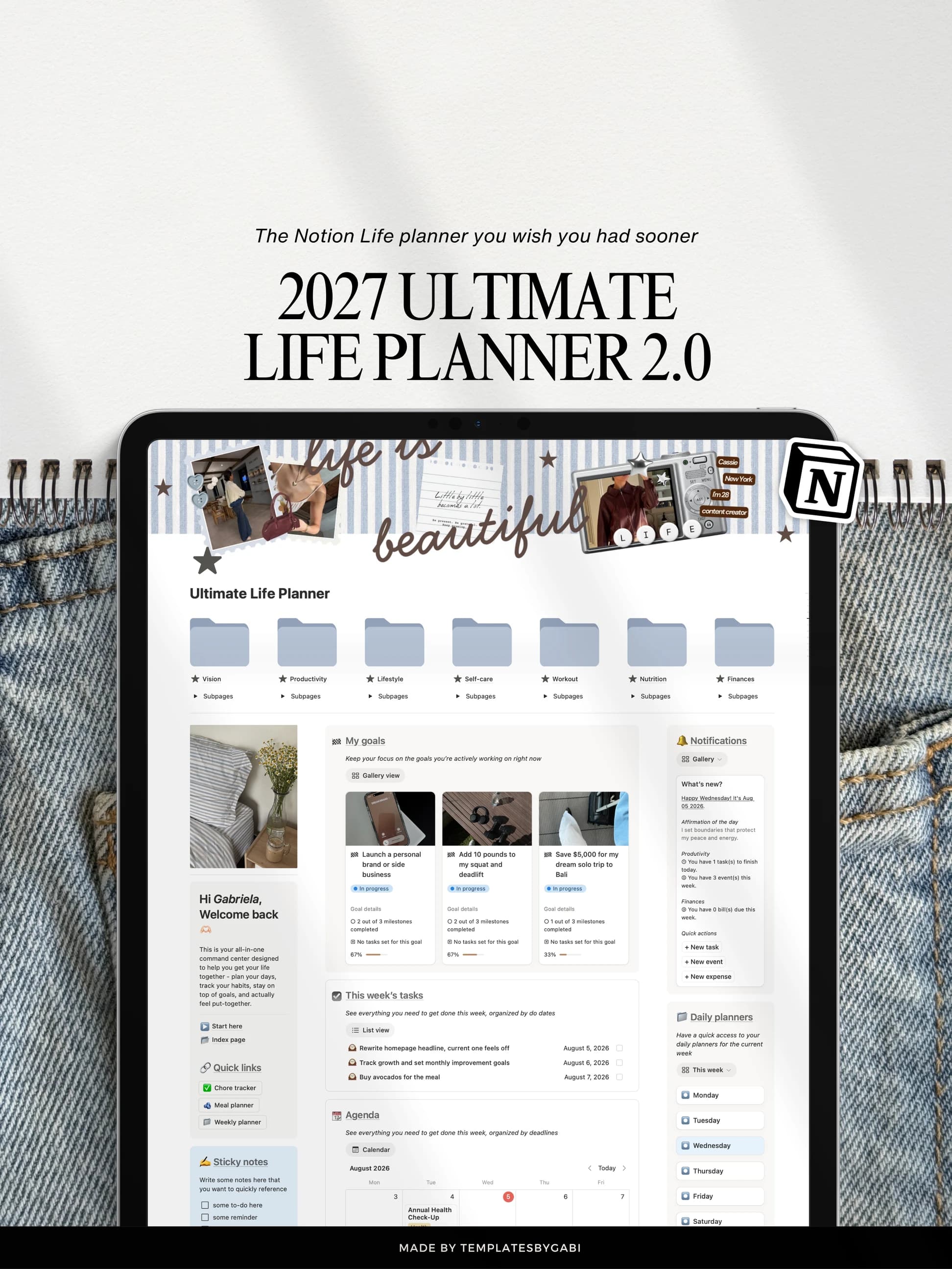 The 2026 Ultimate Life Planner open on a tablet, its seven hubs above this week’s goals, tasks and agenda